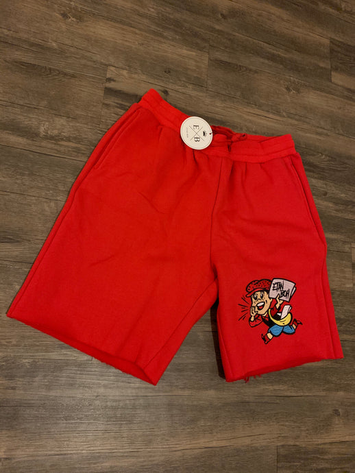 EtanBoh logo - Red cutoff shorts